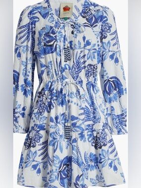 FARM Rio White Mini Dress with Blue Floral Print XS